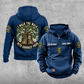 Arborist Walk the Walk Badge Vintage Hoodie in Dark Blue, front and back views with sample chest text CUSTOM NAME and SINCE 2000, curved back banners, tree and boots artwork, sleeve motifs and plain lower pouch.