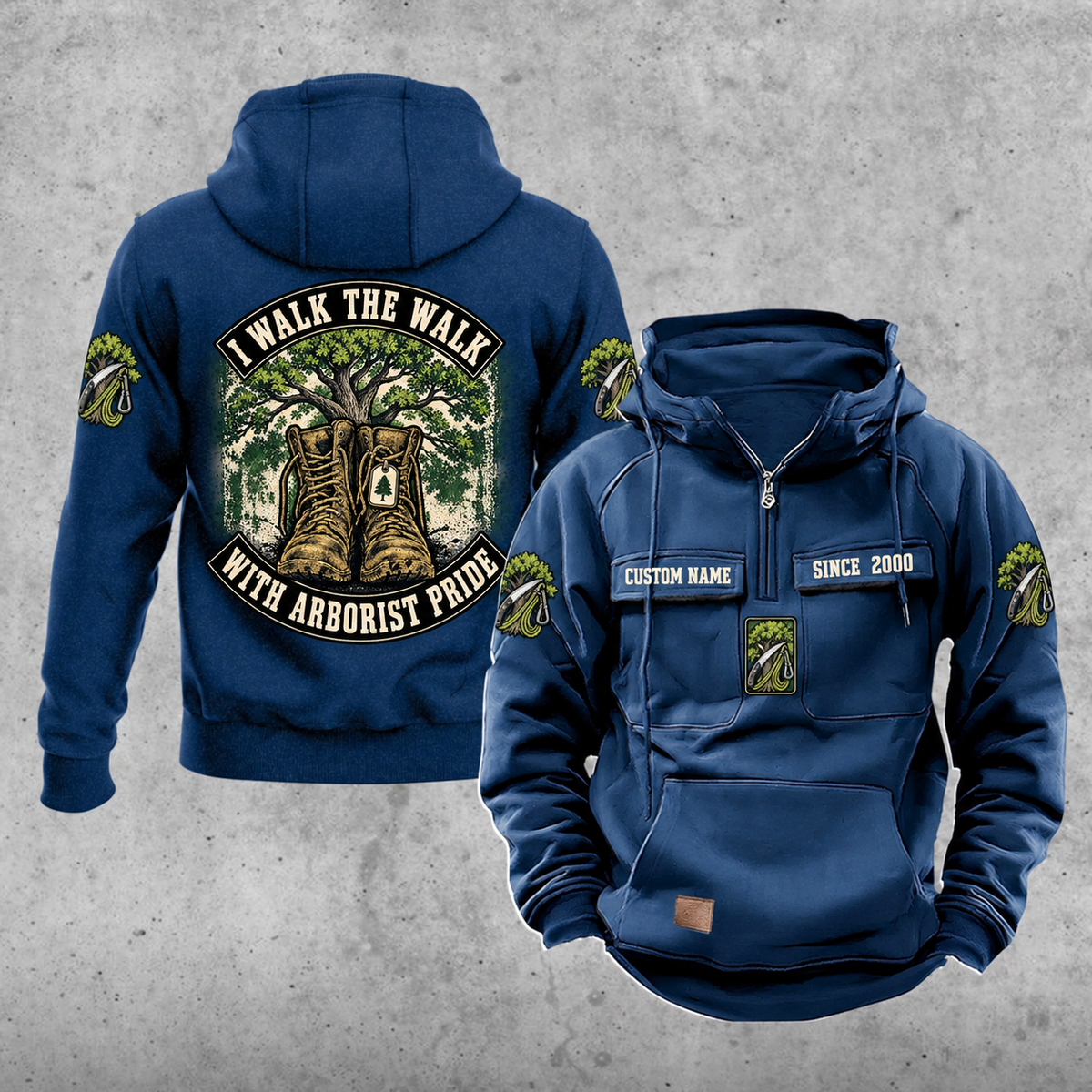 Arborist Walk the Walk Badge Vintage Hoodie in Dark Blue, front and back views with sample chest text CUSTOM NAME and SINCE 2000, curved back banners, tree and boots artwork, sleeve motifs and plain lower pouch.