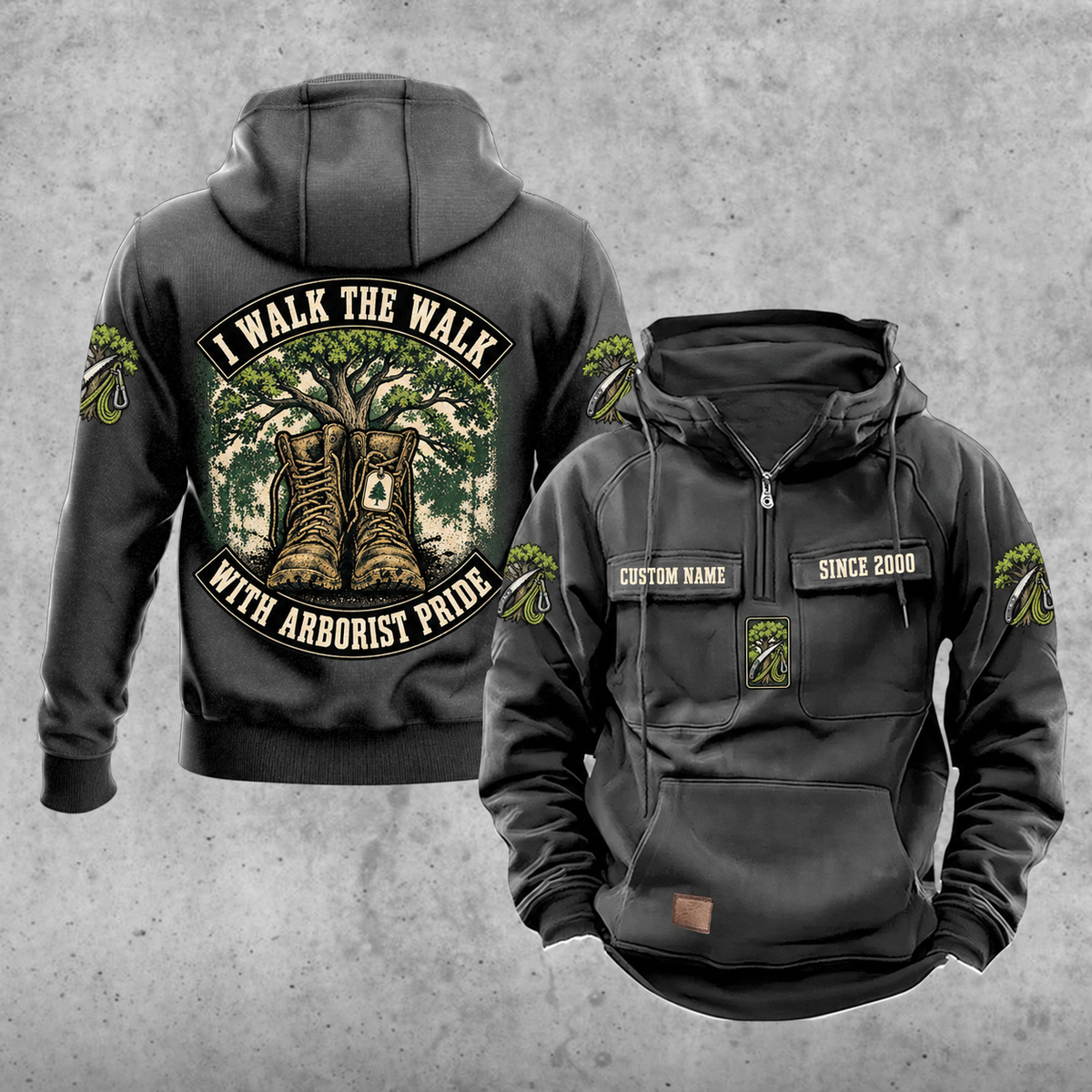 Arborist Walk the Walk Badge Vintage Hoodie in Dark Gray, front and back views with sample chest text CUSTOM NAME and SINCE 2000, curved back banners, tree and boots artwork, sleeve motifs and plain lower pouch.