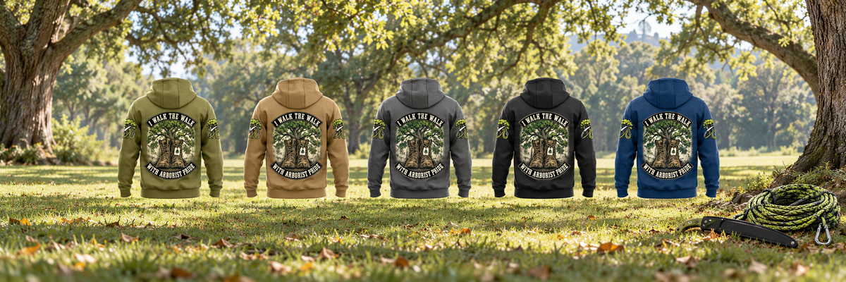 Arborist Walk the Walk Badge Vintage Hoodies in Military Green, Kaki, Dark Gray, Black and Dark Blue, five complete back views under a living tree canopy with coiled rope and a sheathed pruning saw at rest.