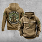 Arborist Walk the Walk Badge Vintage Hoodie in Kaki, front and back views with sample chest text CUSTOM NAME and SINCE 2000, curved back banners, tree and boots artwork, sleeve motifs and plain lower pouch.