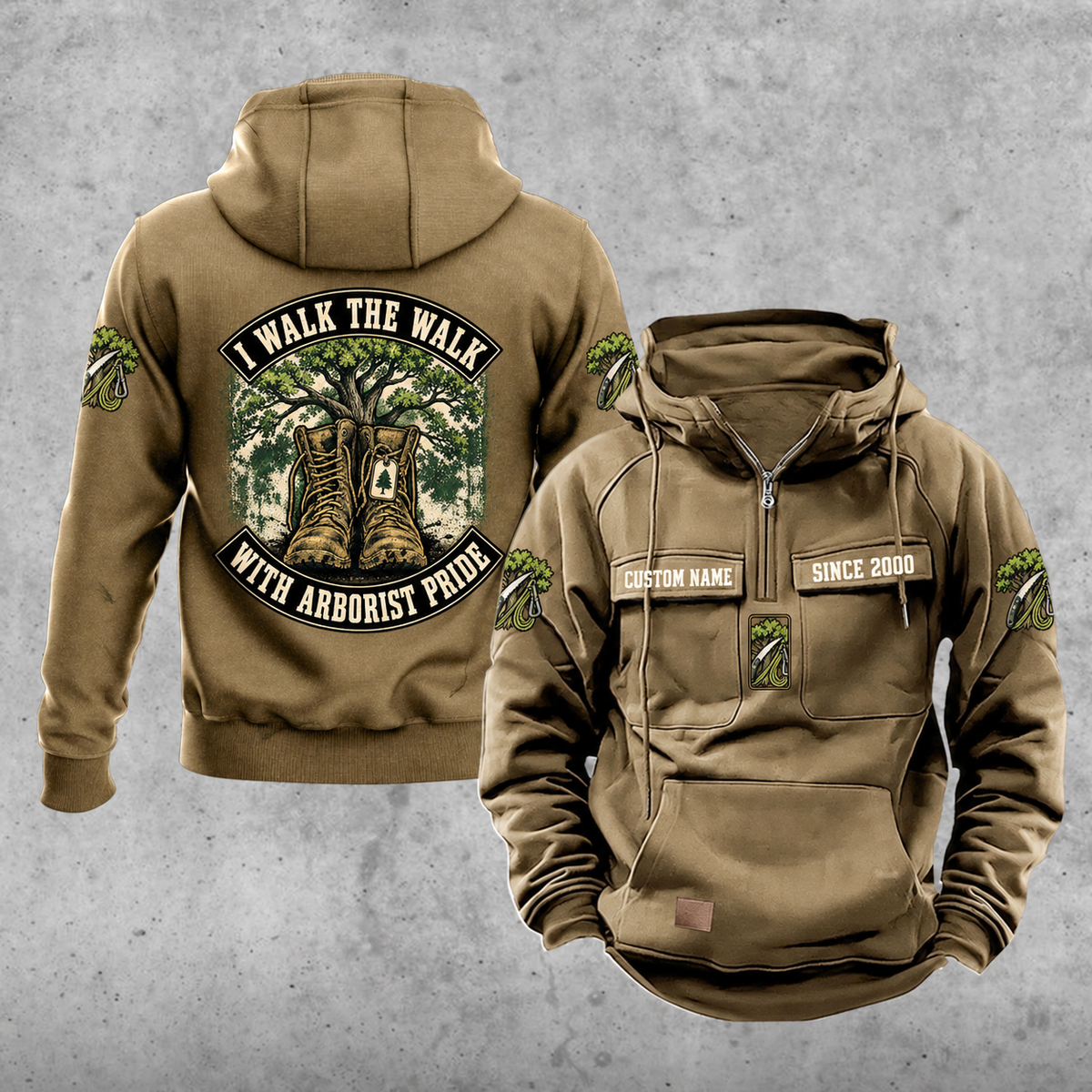 Arborist Walk the Walk Badge Vintage Hoodie in Kaki, front and back views with sample chest text CUSTOM NAME and SINCE 2000, curved back banners, tree and boots artwork, sleeve motifs and plain lower pouch.