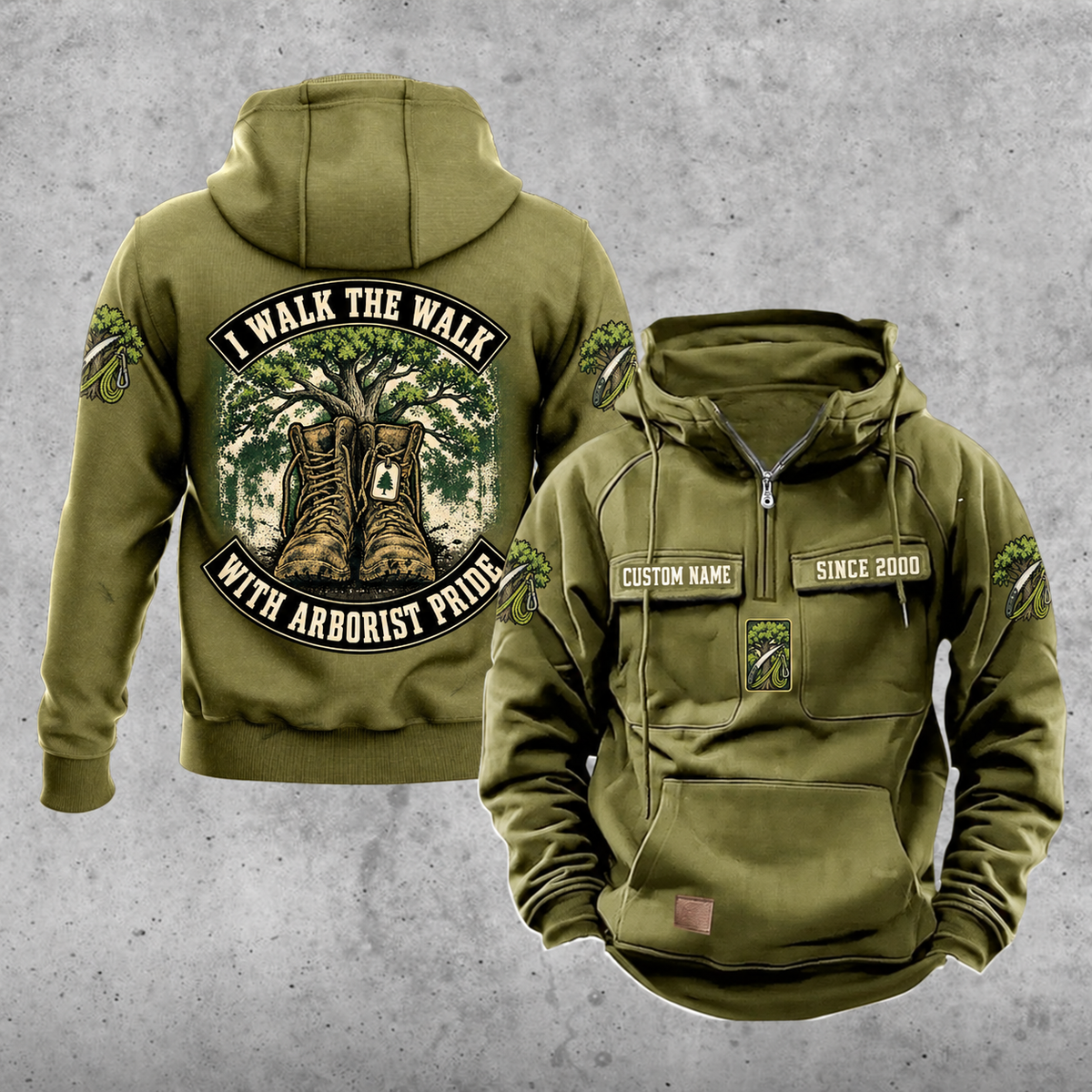 Arborist Walk the Walk Badge Vintage Hoodie in Military Green, front and back views with sample chest text CUSTOM NAME and SINCE 2000, curved back banners, tree and boots artwork, sleeve motifs and plain lower pouch.