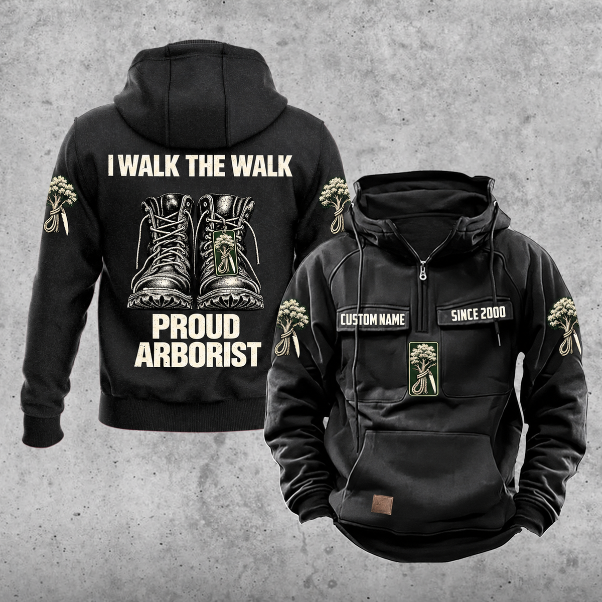 Arborist Proud Walk Vintage Hoodie in Black, front and back views with sample text CUSTOM NAME and SINCE 2000, tree-care sleeve motifs, and I WALK THE WALK / PROUD / ARBORIST boot artwork.
