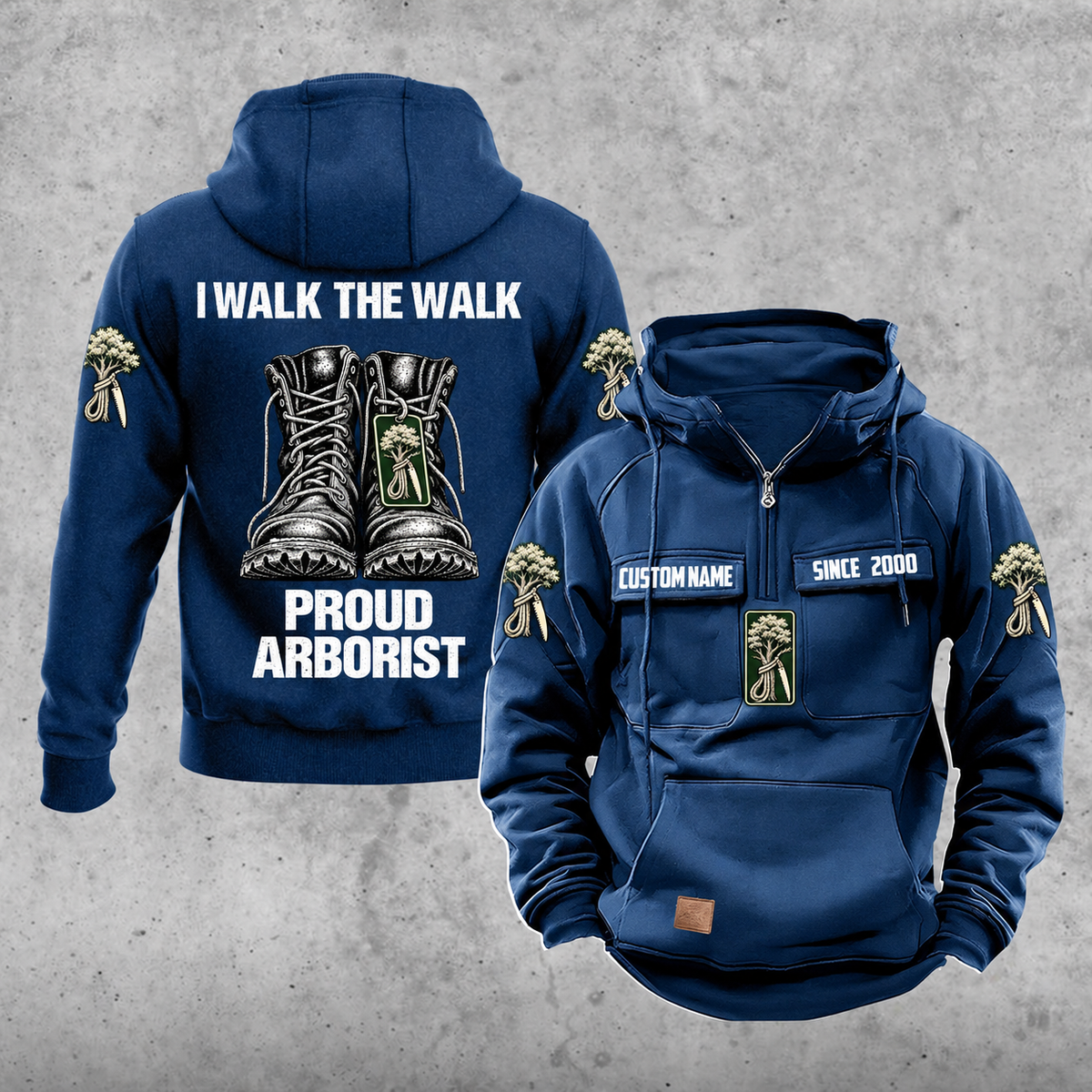 Arborist Proud Walk Vintage Hoodie in Dark Blue, front and back views with sample text CUSTOM NAME and SINCE 2000, tree-care sleeve motifs, and I WALK THE WALK / PROUD / ARBORIST boot artwork.