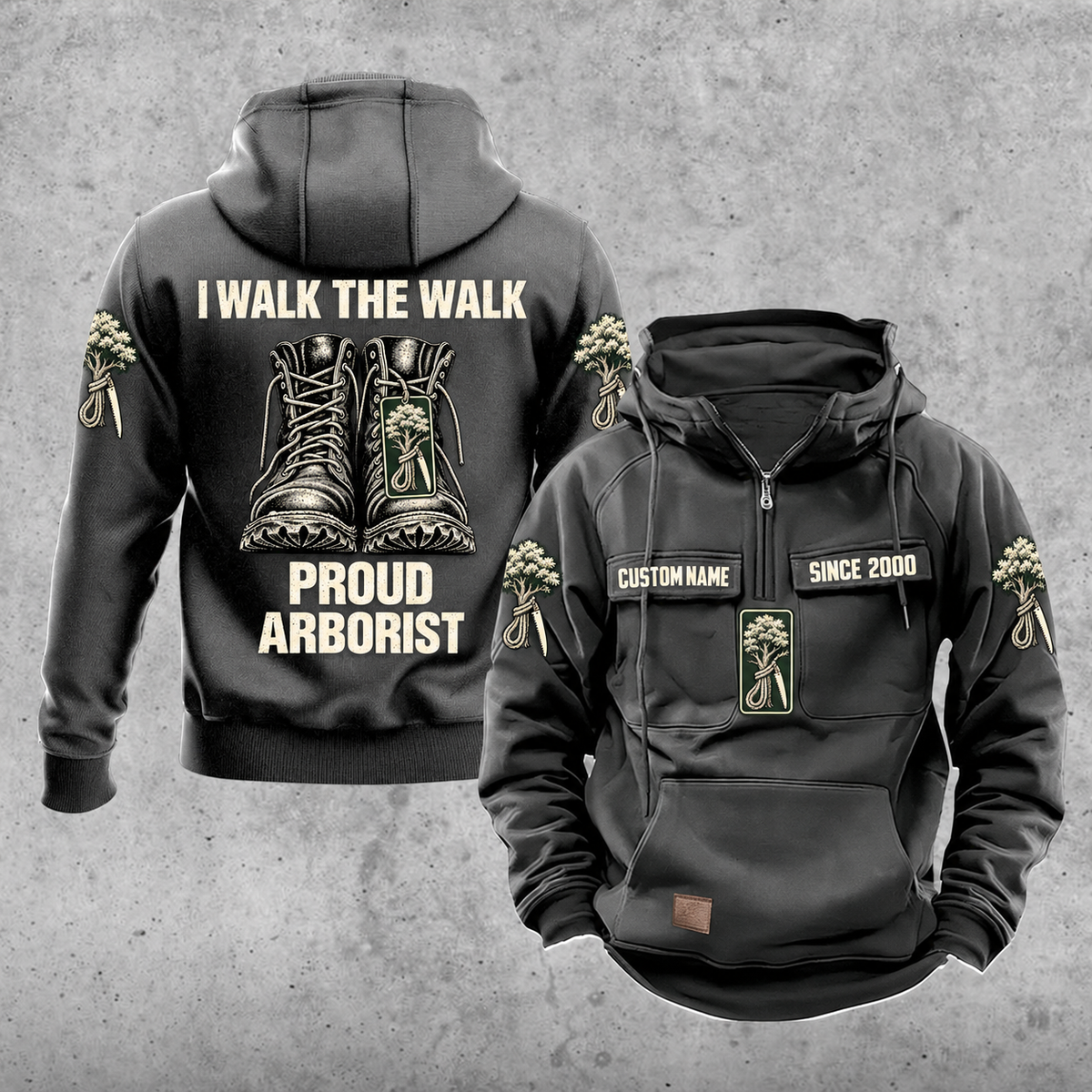 Arborist Proud Walk Vintage Hoodie in Dark Gray, front and back views with sample text CUSTOM NAME and SINCE 2000, tree-care sleeve motifs, and I WALK THE WALK / PROUD / ARBORIST boot artwork.
