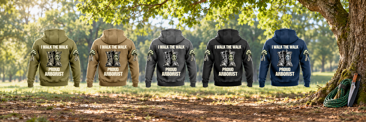 Five Arborist Proud Walk Vintage Hoodie back views in Military Green, Kaki, Dark Gray, Black and Dark Blue, separated beneath a living tree canopy with coiled rope and pruning equipment at rest.