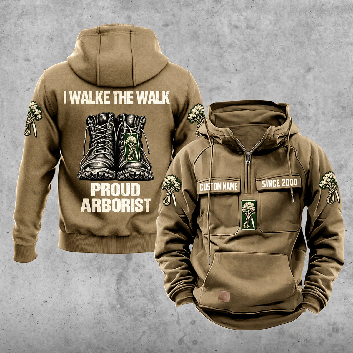 Arborist Proud Walk Vintage Hoodie in Kaki, front and back views with sample text CUSTOM NAME and SINCE 2000, tree-care sleeve motifs, and I WALK THE WALK / PROUD / ARBORIST boot artwork.