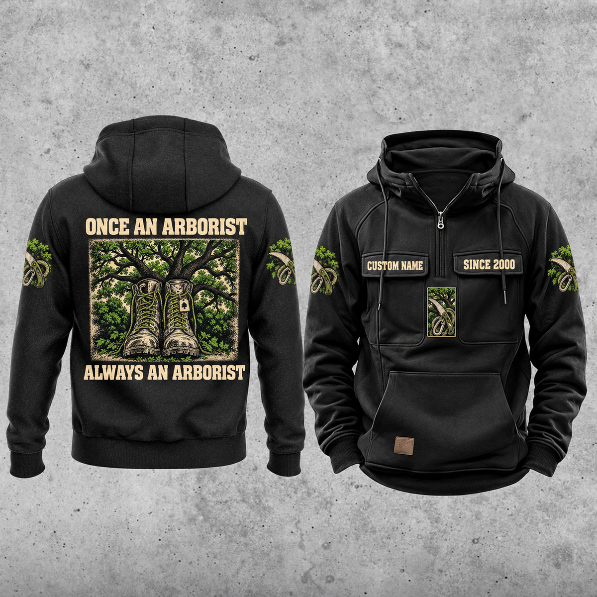 Arborist Once and Always Vintage Hoodie in Black, separate front and back views with CUSTOM NAME and SINCE 2000 chest samples, tree-care sleeve motifs, plain lower pouch and framed work-boots back artwork.