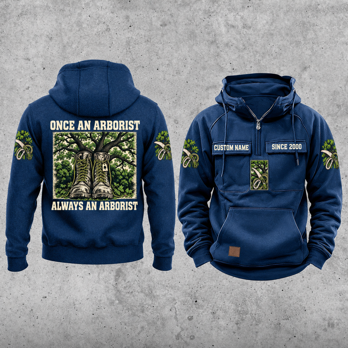 Arborist Once and Always Vintage Hoodie in Dark Blue, separate front and back views with CUSTOM NAME and SINCE 2000 chest samples, tree-care sleeve motifs, plain lower pouch and framed work-boots back artwork.