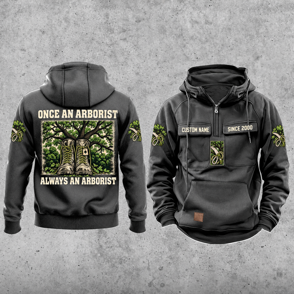 Arborist Once and Always Vintage Hoodie in Dark Gray, separate front and back views with CUSTOM NAME and SINCE 2000 chest samples, tree-care sleeve motifs, plain lower pouch and framed work-boots back artwork.