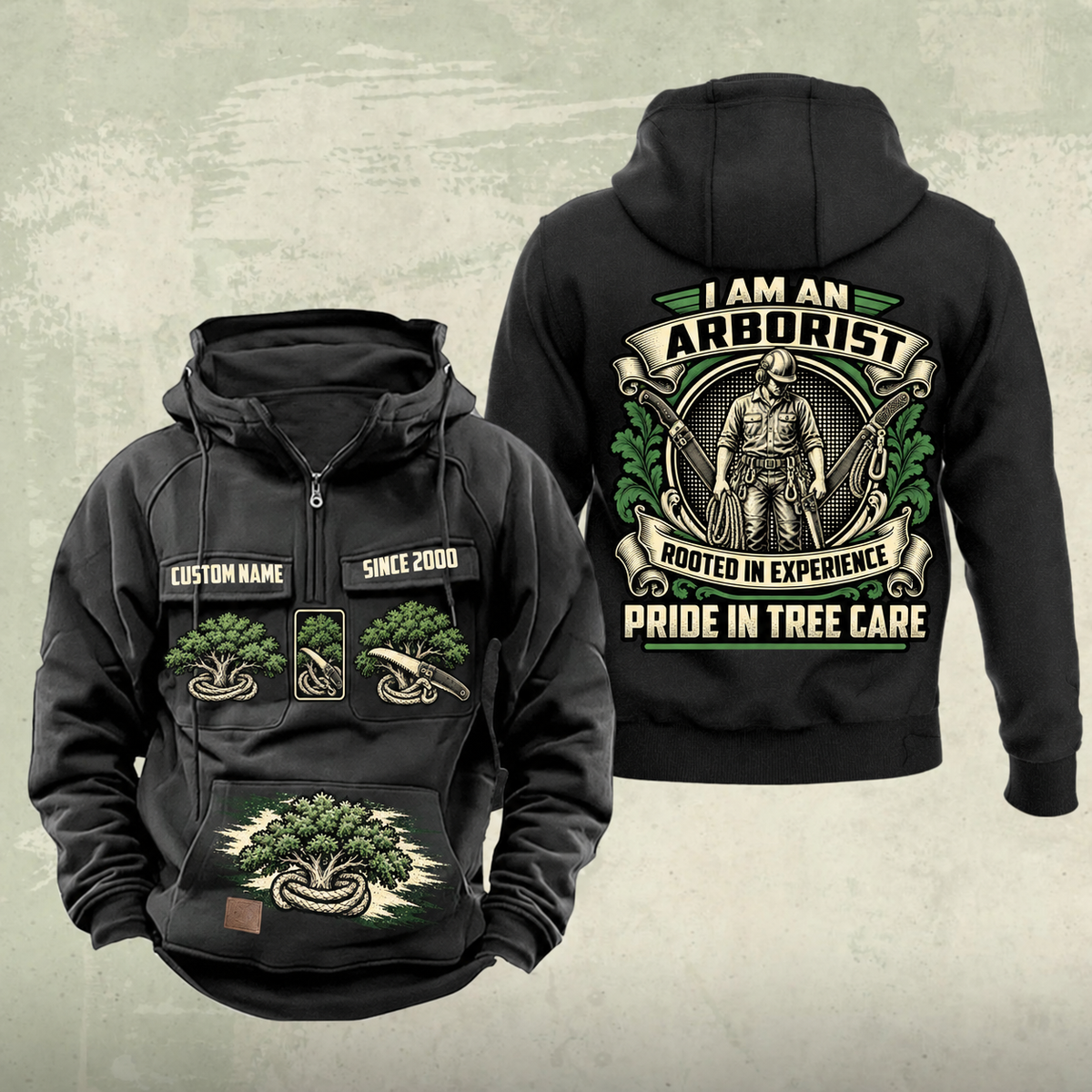 Arborist Heritage Crest Vintage Hoodie in Black, front and back views with sample chest text CUSTOM NAME and SINCE 2000, ornate arborist back crest, tree-and-rope chest graphics and lower brush-stroke motif.