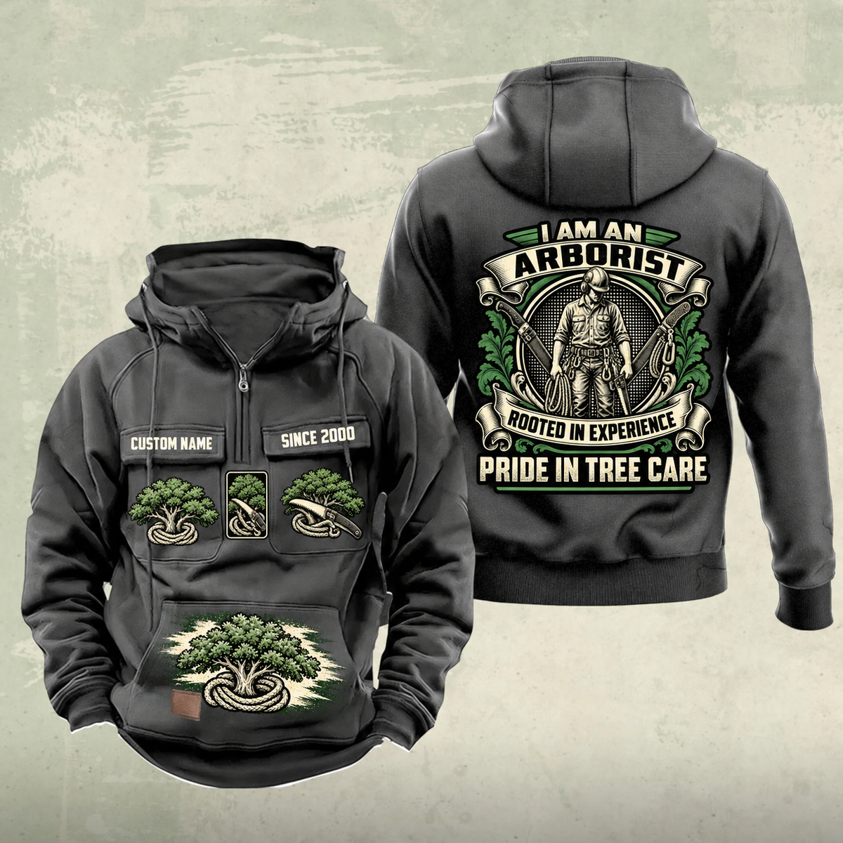 Arborist Heritage Crest Vintage Hoodie in Dark Gray, front and back views with sample chest text CUSTOM NAME and SINCE 2000, ornate arborist back crest, tree-and-rope chest graphics and lower brush-stroke motif.