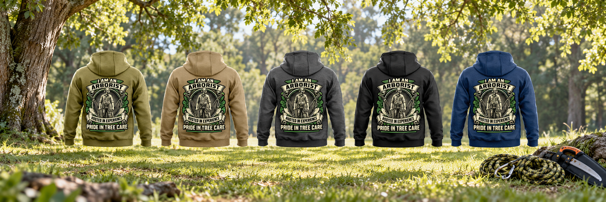 Arborist Heritage Crest Vintage Hoodie in Military Green, Kaki, Dark Gray, Black and Dark Blue, five complete back views beneath a living tree canopy with rope and pruning equipment at rest.