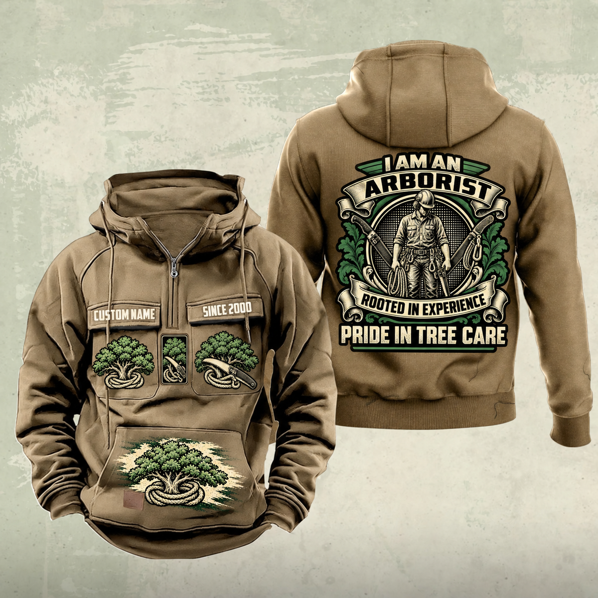 Arborist Heritage Crest Vintage Hoodie in Kaki, front and back views with sample chest text CUSTOM NAME and SINCE 2000, ornate arborist back crest, tree-and-rope chest graphics and lower brush-stroke motif.