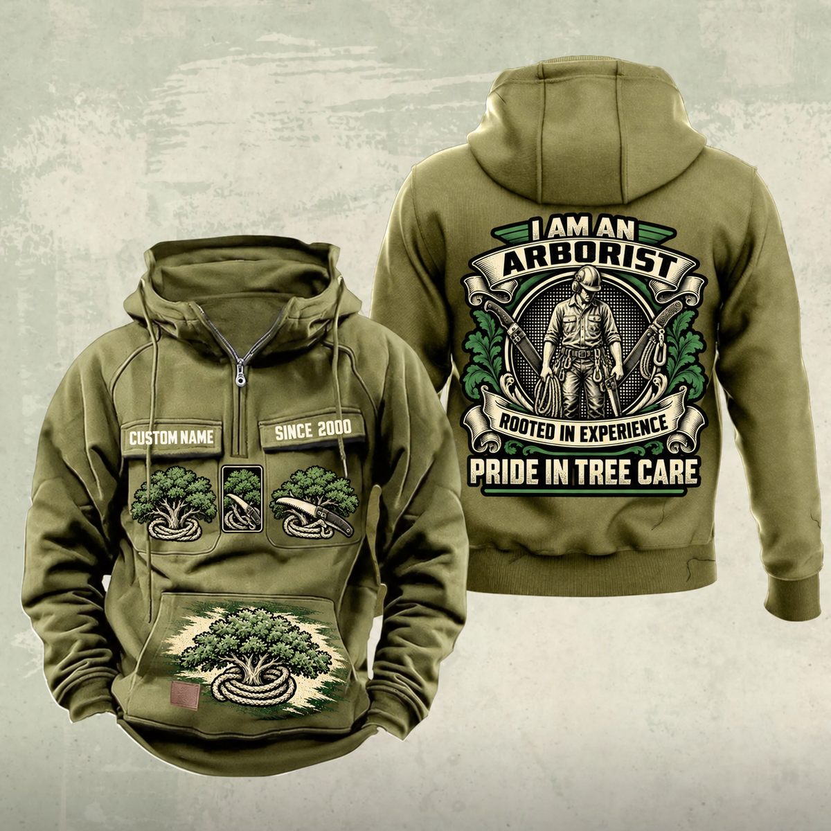 Arborist Heritage Crest Vintage Hoodie in Military Green, front and back views with sample chest text CUSTOM NAME and SINCE 2000, ornate arborist back crest, tree-and-rope chest graphics and lower brush-stroke motif.