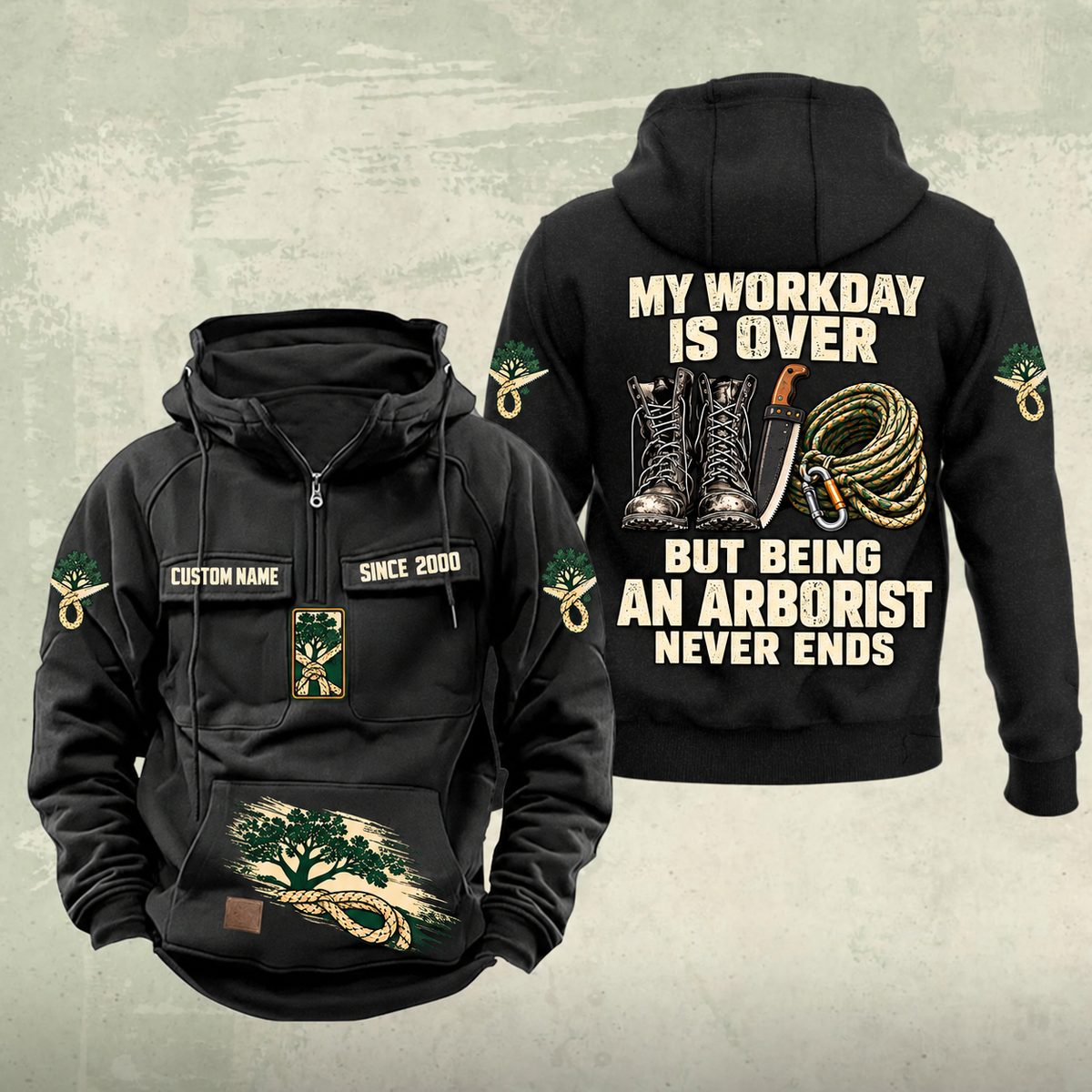 Arborist Never Ends Vintage Hoodie in Black, front and back views with CUSTOM NAME and SINCE 2000 sample chest text, tree-care graphics, work boots, pruning saw and rope coil.
