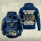 Arborist Never Ends Vintage Hoodie in Dark Blue, front and back views with CUSTOM NAME and SINCE 2000 sample chest text, tree-care graphics, work boots, pruning saw and rope coil.