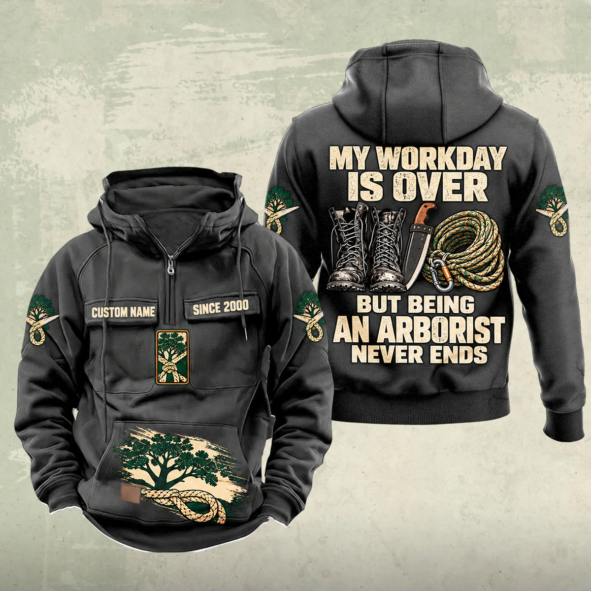 Arborist Never Ends Vintage Hoodie in Dark Gray, front and back views with CUSTOM NAME and SINCE 2000 sample chest text, tree-care graphics, work boots, pruning saw and rope coil.