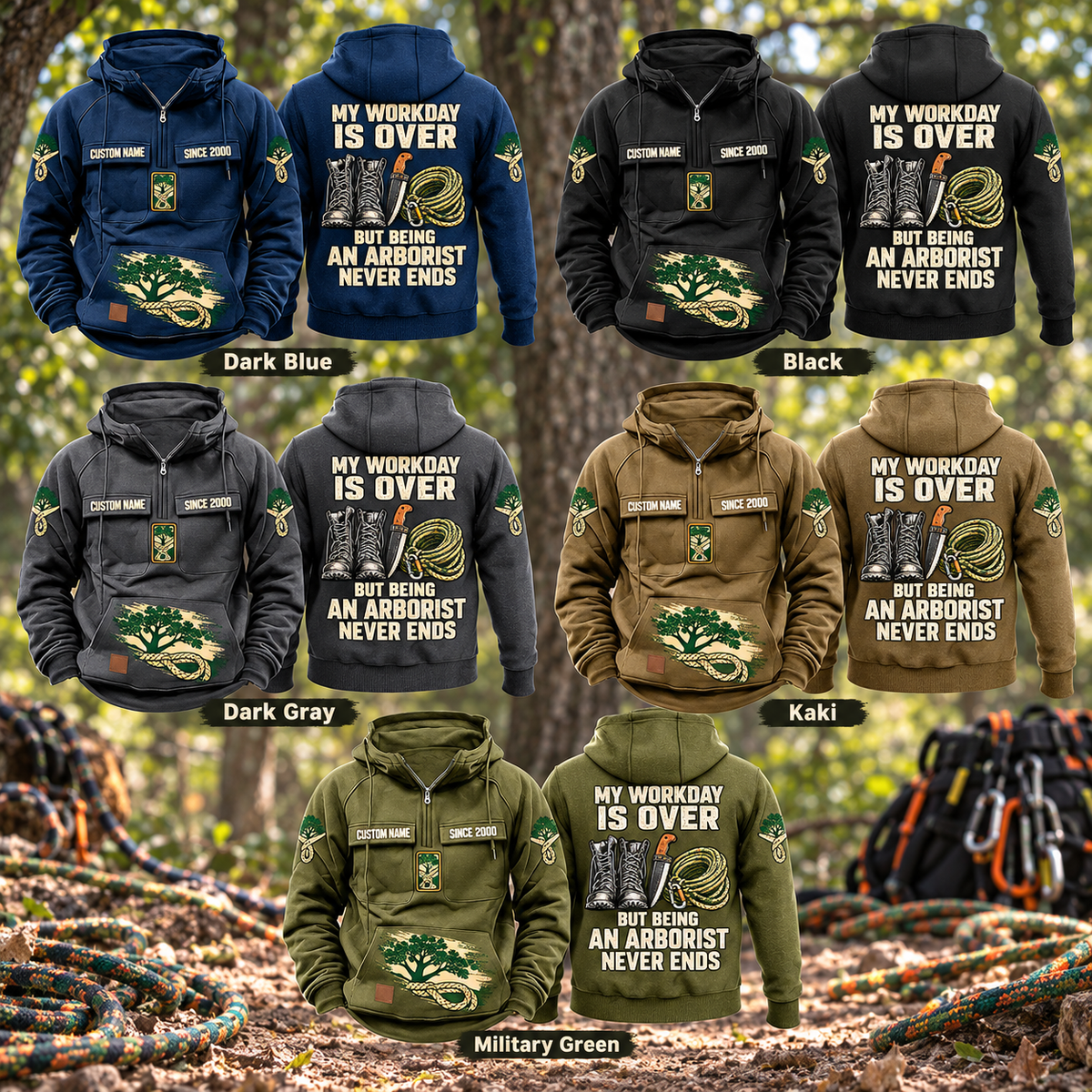 Arborist Never Ends Vintage Hoodie featured composite with front and back views in Dark Blue, Black, Dark Gray, Kaki and Military Green, staged beneath living trees with arborist equipment at rest.