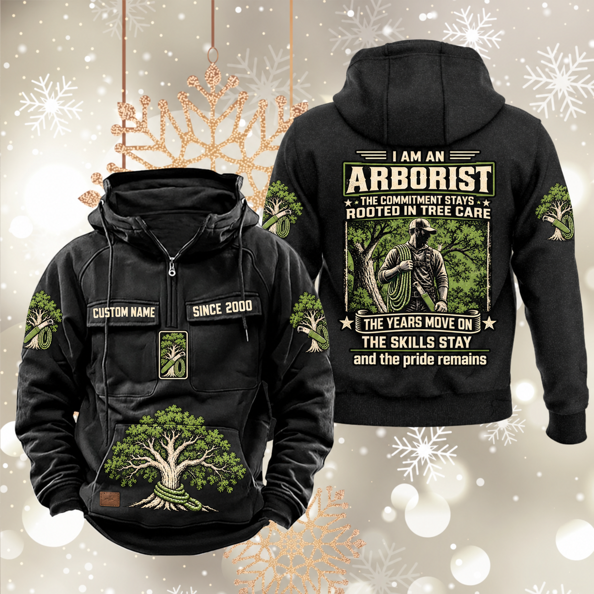 Arborist Skills and Pride Vintage Hoodie in Black, front and back views with sample text CUSTOM NAME and SINCE 2000, living-tree artwork and sleeve symbols.