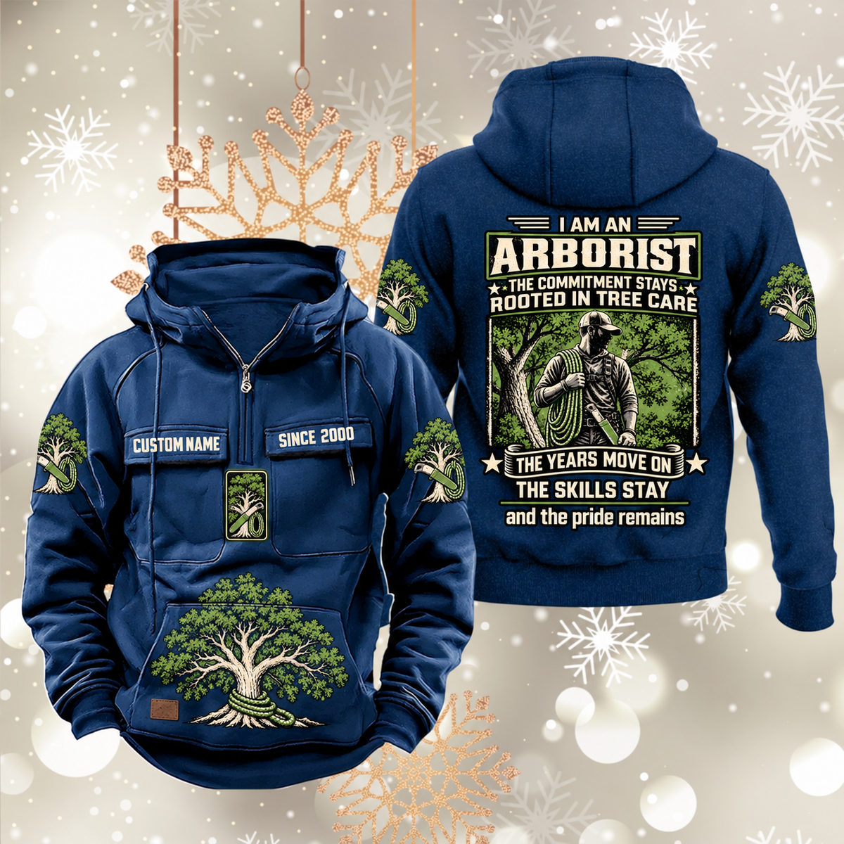 Arborist Skills and Pride Vintage Hoodie in Dark Blue, front and back views with sample text CUSTOM NAME and SINCE 2000, living-tree artwork and sleeve symbols.