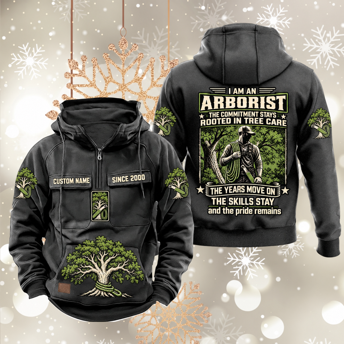 Arborist Skills and Pride Vintage Hoodie in Dark Gray, front and back views with sample text CUSTOM NAME and SINCE 2000, living-tree artwork and sleeve symbols.