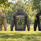 Arborist Skills and Pride Vintage Hoodie back views in Military Green, Kaki, Dark Gray, Black and Dark Blue, fully separated beneath a living-tree canopy.