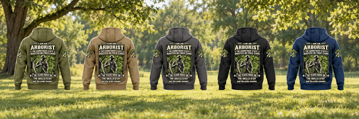 Arborist Skills and Pride Vintage Hoodie back views in Military Green, Kaki, Dark Gray, Black and Dark Blue, fully separated beneath a living-tree canopy.