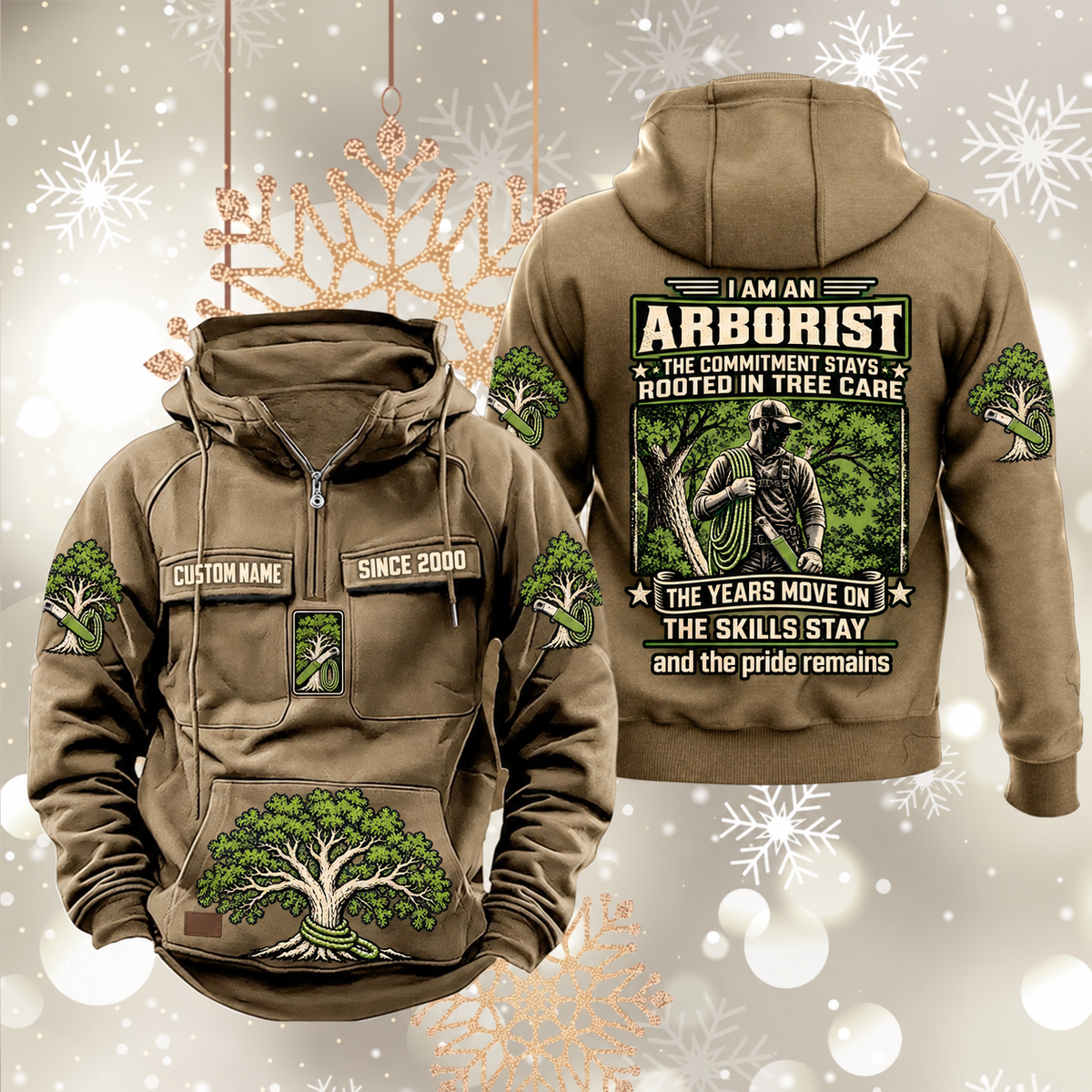Arborist Skills and Pride Vintage Hoodie in Kaki, front and back views with sample text CUSTOM NAME and SINCE 2000, living-tree artwork and sleeve symbols.