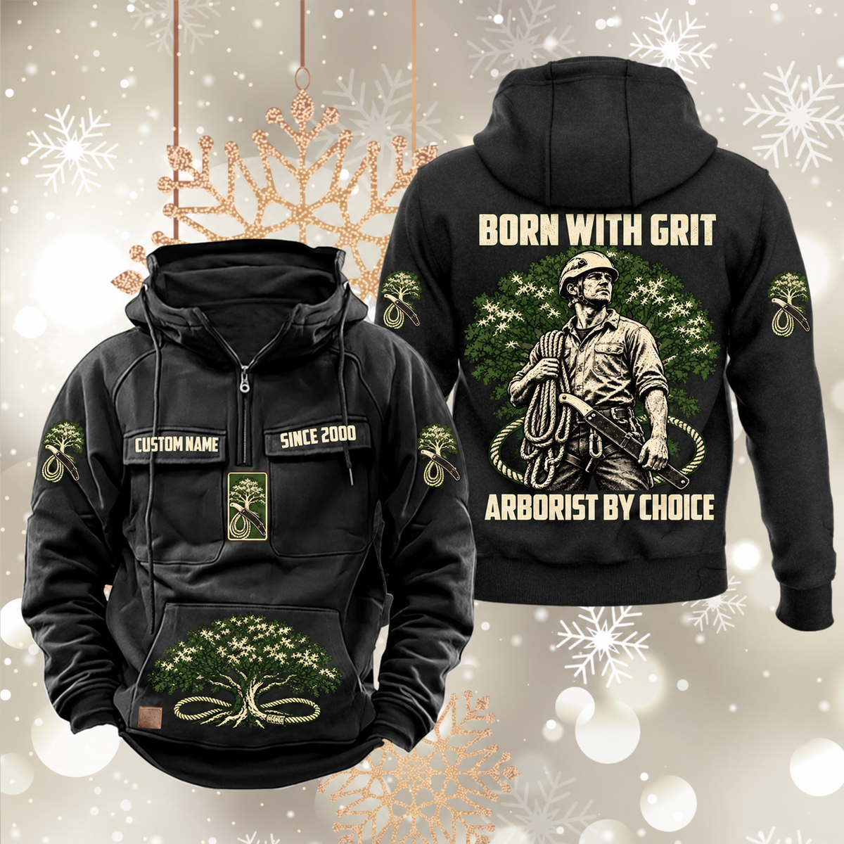Arborist By Choice Vintage Hoodie in Black, front and back views with sample text CUSTOM NAME and SINCE 2000, tree-care motifs, and BORN WITH GRIT / ARBORIST BY CHOICE back artwork.
