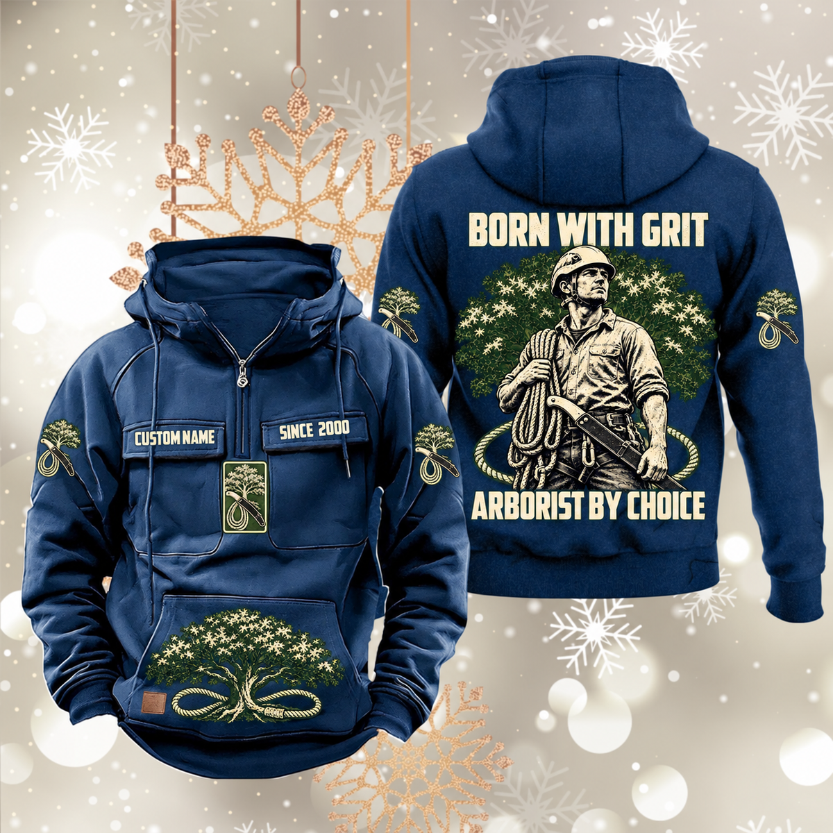 Arborist By Choice Vintage Hoodie in Dark Blue, front and back views with sample text CUSTOM NAME and SINCE 2000, tree-care motifs, and BORN WITH GRIT / ARBORIST BY CHOICE back artwork.