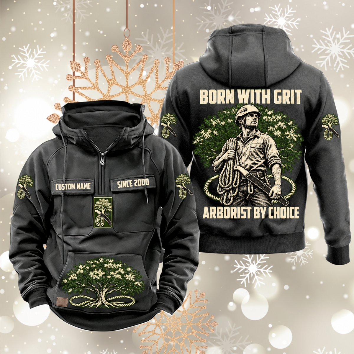 Arborist By Choice Vintage Hoodie in Dark Gray, front and back views with sample text CUSTOM NAME and SINCE 2000, tree-care motifs, and BORN WITH GRIT / ARBORIST BY CHOICE back artwork.