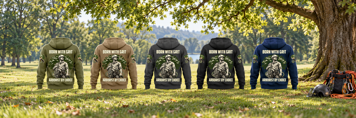 Five complete back views of the Arborist By Choice Vintage Hoodie in Military Green, Kaki, Dark Gray, Black and Dark Blue, arranged separately beneath living trees with arborist equipment resting nearby.