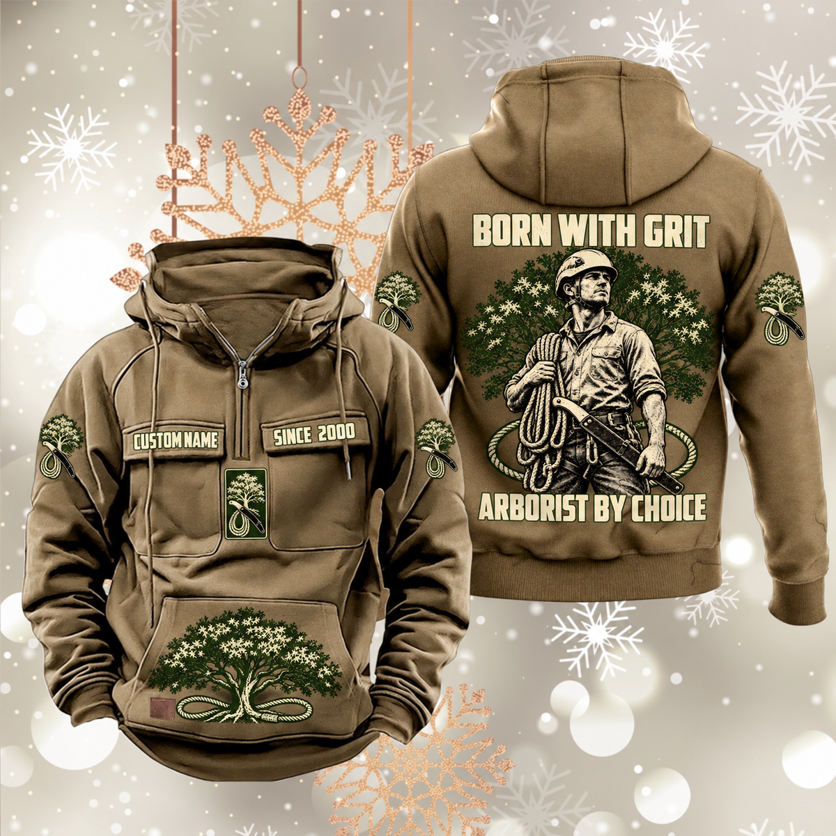 Arborist By Choice Vintage Hoodie in Kaki, front and back views with sample text CUSTOM NAME and SINCE 2000, tree-care motifs, and BORN WITH GRIT / ARBORIST BY CHOICE back artwork.