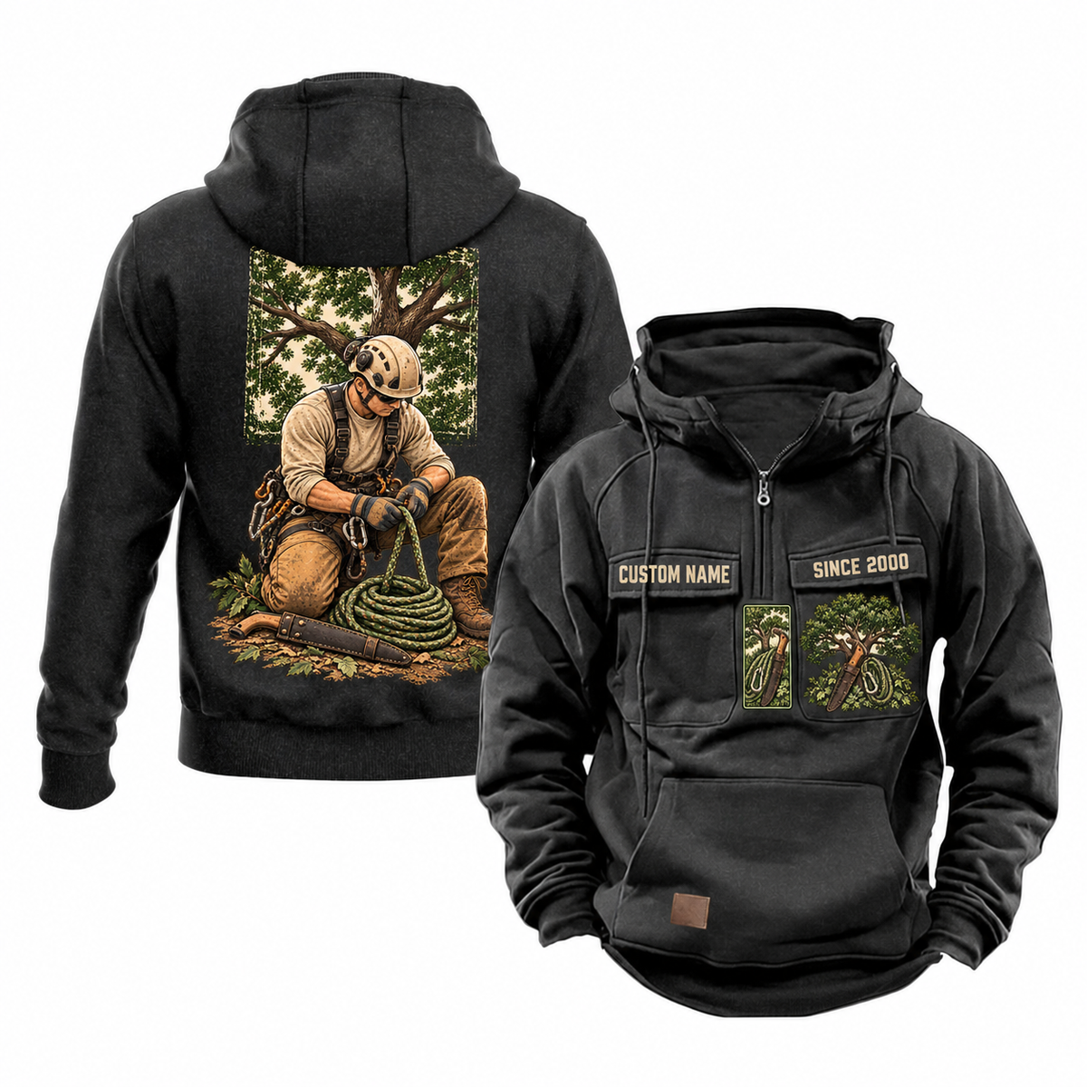 Arborist Ready Every Day Portrait Vintage Hoodie in Black, front and back views with sample text CUSTOM NAME and SINCE 2000, a living-tree canopy and kneeling arborist artwork.