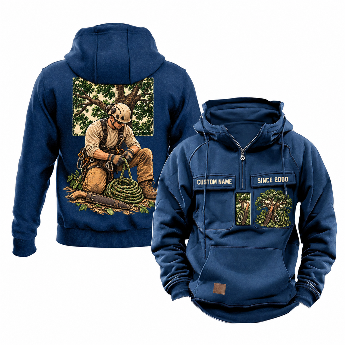 Arborist Ready Every Day Portrait Vintage Hoodie in Dark Blue, front and back views with sample text CUSTOM NAME and SINCE 2000, a living-tree canopy and kneeling arborist artwork.