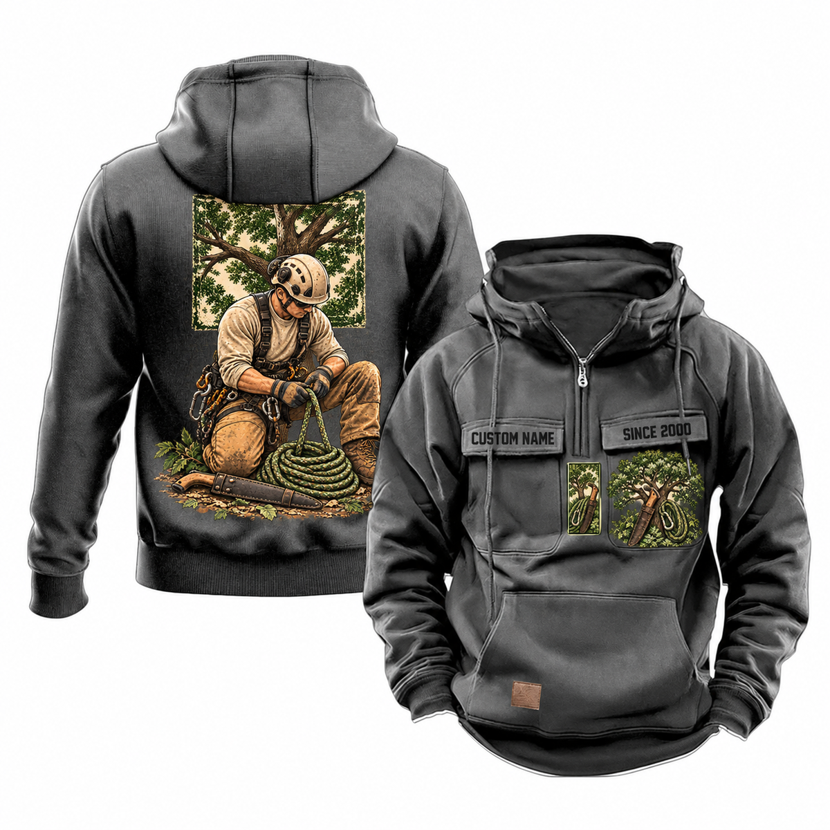 Arborist Ready Every Day Portrait Vintage Hoodie in Dark Gray, front and back views with sample text CUSTOM NAME and SINCE 2000, a living-tree canopy and kneeling arborist artwork.