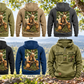 Arborist Ready Every Day Portrait Vintage Hoodie in Military Green, Kaki, Dark Gray, Black and Dark Blue, five full back views and a Military Green front view beneath a living-tree canopy with resting rope and sheathed pruning saw.