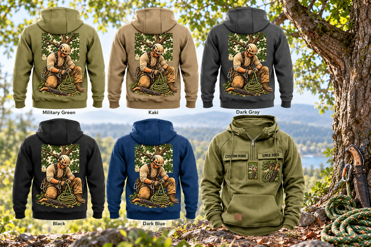 Arborist Ready Every Day Portrait Vintage Hoodie in Military Green, Kaki, Dark Gray, Black and Dark Blue, five full back views and a Military Green front view beneath a living-tree canopy with resting rope and sheathed pruning saw.