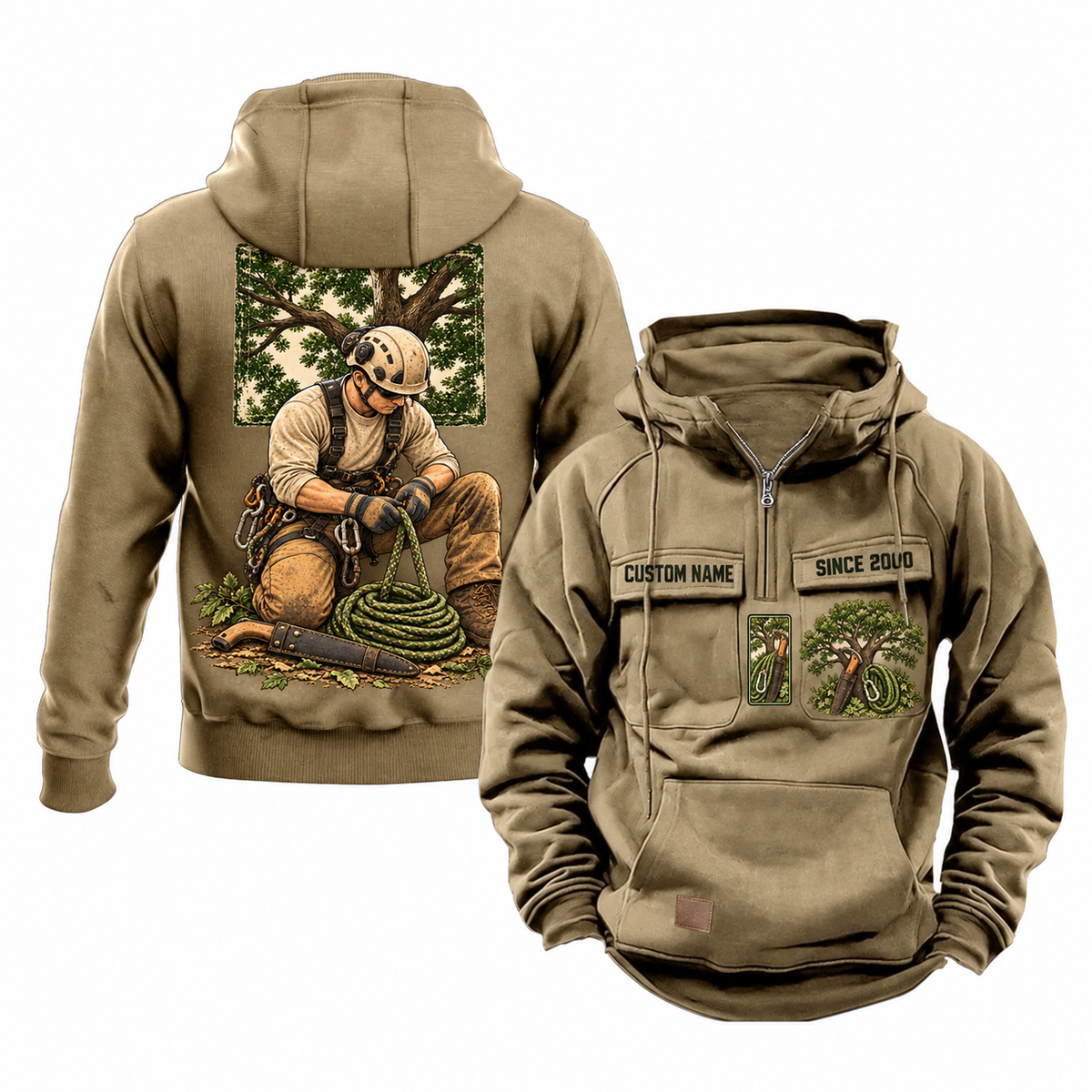 Arborist Ready Every Day Portrait Vintage Hoodie in Kaki, front and back views with sample text CUSTOM NAME and SINCE 2000, a living-tree canopy and kneeling arborist artwork.