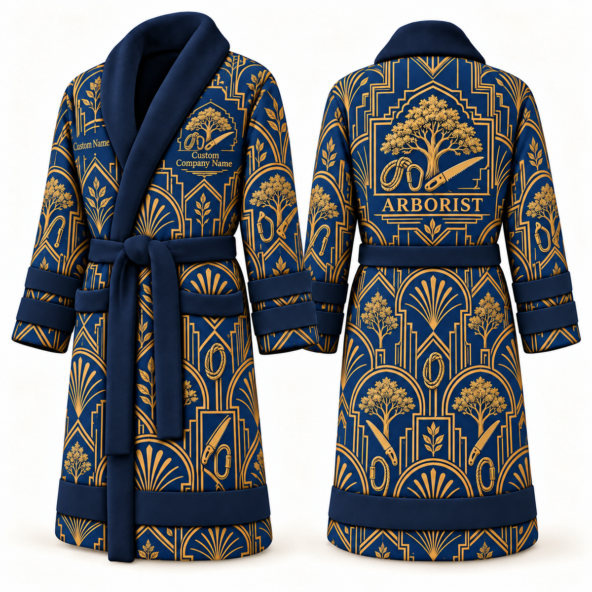 Personalized Arborist Bathrobe - Art Deco Craft blue front and back view