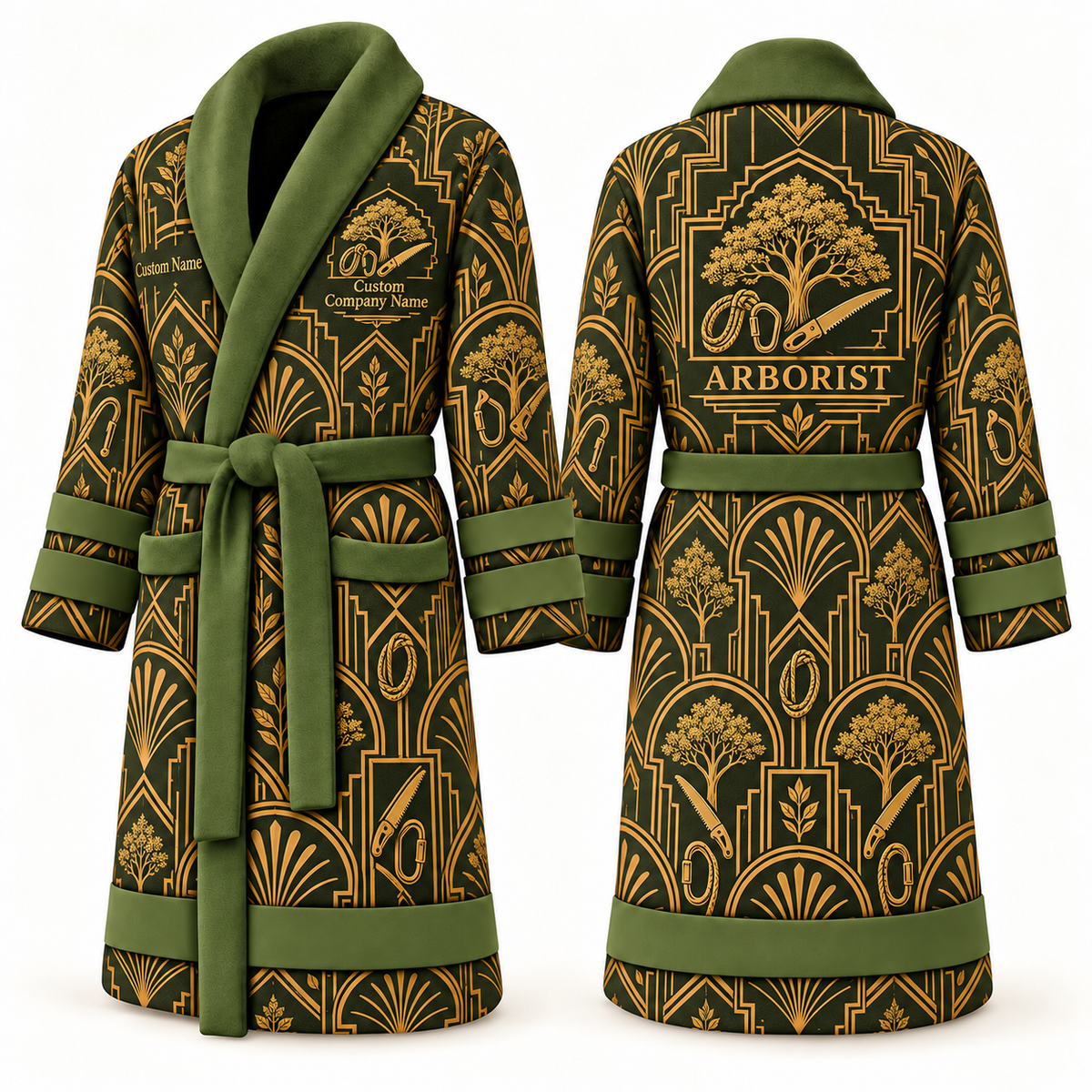 Personalized Arborist Bathrobe - Art Deco Craft olive front and back view