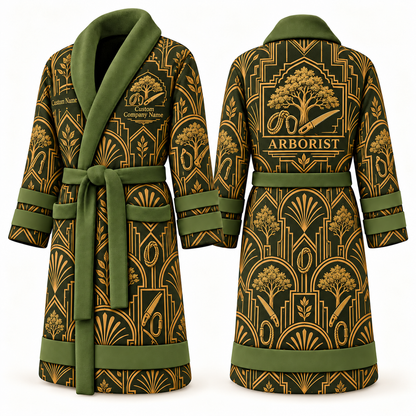 Personalized Arborist Bathrobe - Art Deco Craft olive front and back view