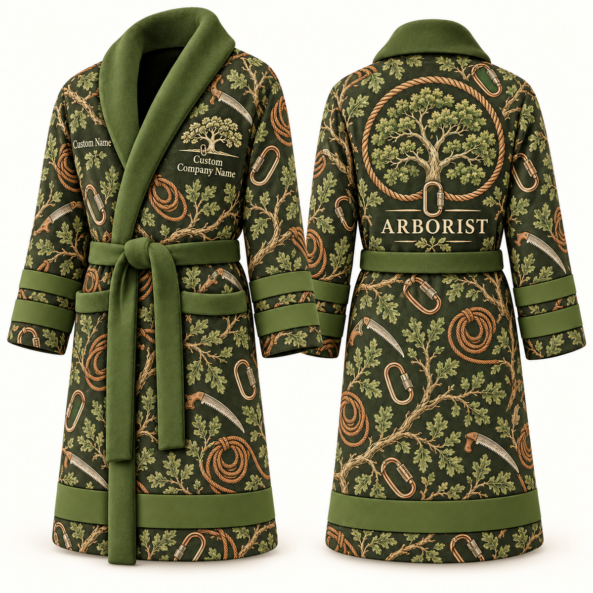 Personalized Arborist Bathrobe olive front and back