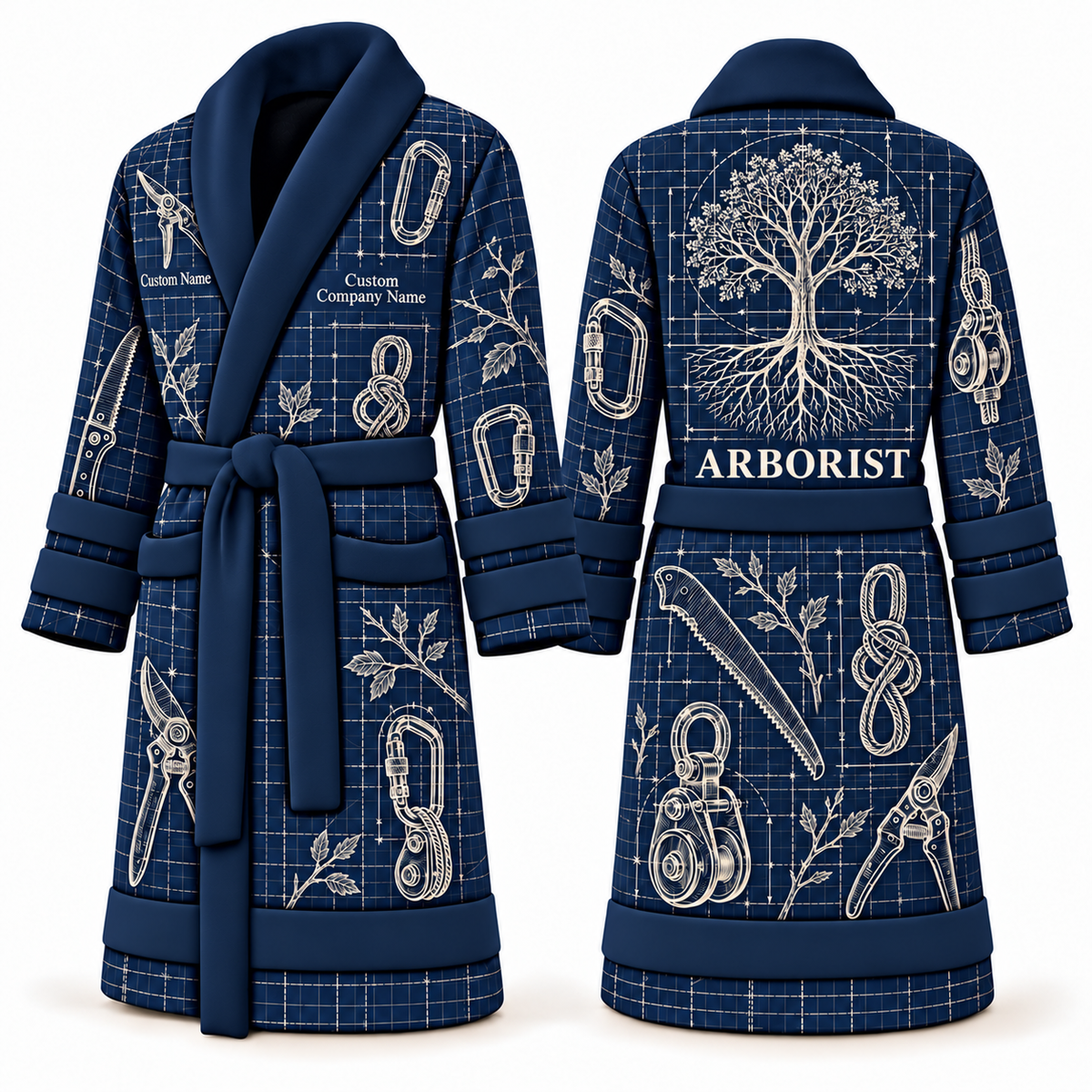 Personalized Arborist Bathrobe - Blueprint Workshop blue front and back view