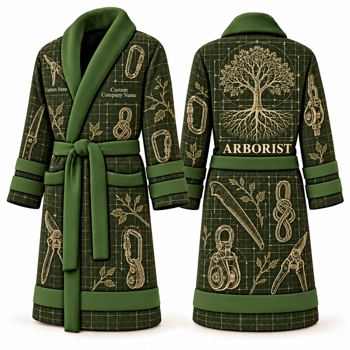 Personalized Arborist Bathrobe - Blueprint Workshop olive front and back view