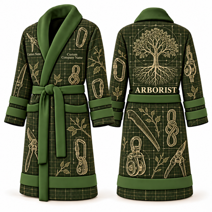 Personalized Arborist Bathrobe - Blueprint Workshop olive front and back view