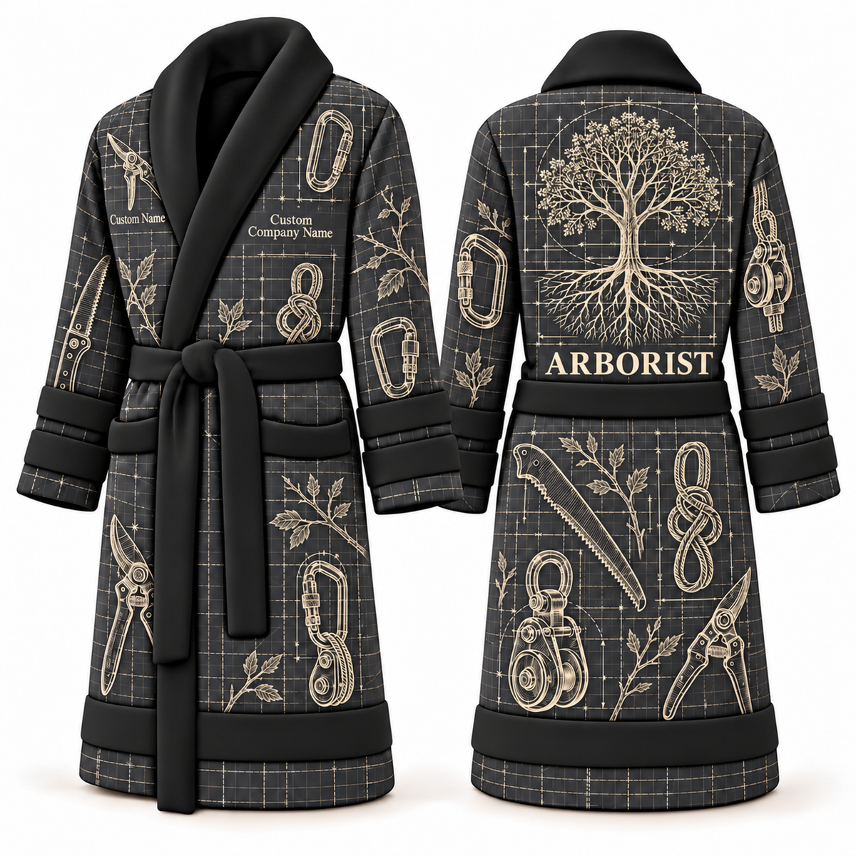 Personalized Arborist Bathrobe - Blueprint Workshop slate front and back view