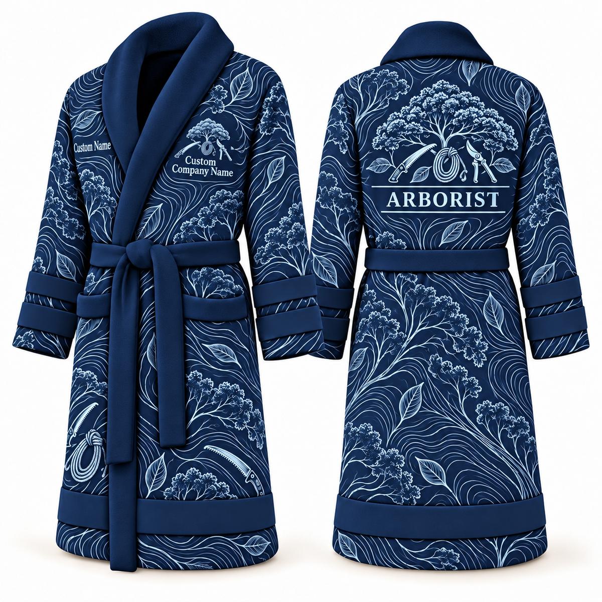 Personalized Arborist Bathrobe - Contour Lines blue front and back view